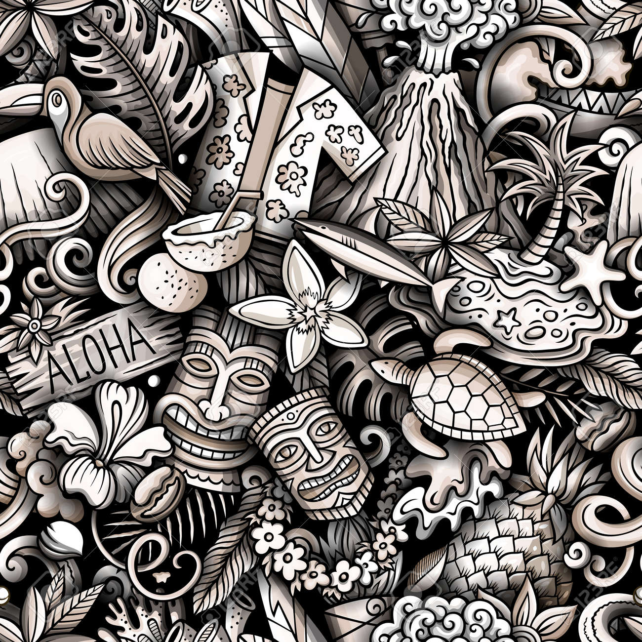 Cartoon doodles Hawaii seamless pattern. Backdrop with Hawaiian culture symbols and items. Monochrome detailed, with lots of objects background for print on fabric, textile, phone cases, wrapping paper. - 167836722 Cartoon doodles Hawaii seamless pattern. Backdrop with Hawaiian culture symbols and items. Monochrome detailed, with lots of objects background for print on fabric, textile, phone cases, wrapping paper. - 167836722