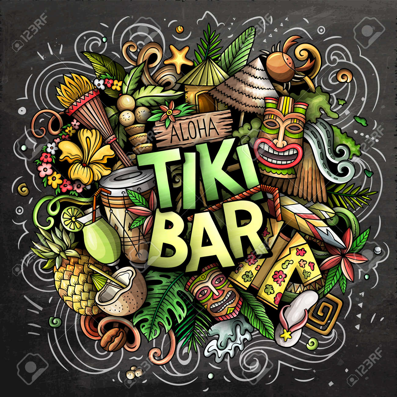 Tiki Bar hand drawn cartoon doodle illustration. Funny Hawaiian design. Creative art vector background. Handwritten text with elements and objects. Chalkboard composition - 171462969 Tiki Bar hand drawn cartoon doodle illustration. Funny Hawaiian design. Creative art vector background. Handwritten text with elements and objects. Chalkboard composition - 171462969