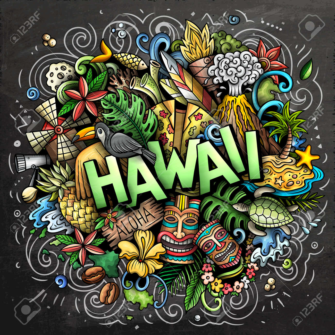 Hawaii hand drawn cartoon doodle illustration. Funny Hawaiian design. Creative art vector background. Handwritten text with elements and objects. Chalkboard composition - 171578494 Hawaii hand drawn cartoon doodle illustration. Funny Hawaiian design. Creative art vector background. Handwritten text with elements and objects. Chalkboard composition - 171578494