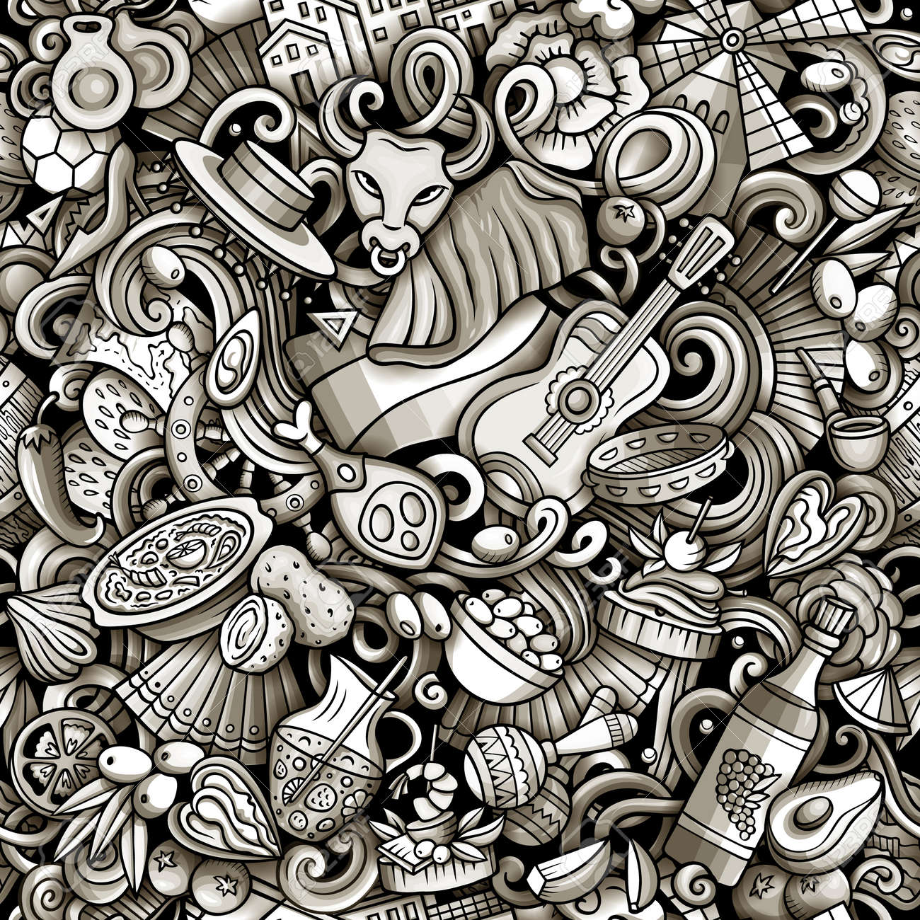 Cartoon doodles Spain seamless pattern. Backdrop with Spanish culture symbols and items. Monochrome detailed, with lots of objects background for print on fabric, textile, phone cases, wrapping paper. - 171578506 Cartoon doodles Spain seamless pattern. Backdrop with Spanish culture symbols and items. Monochrome detailed, with lots of objects background for print on fabric, textile, phone cases, wrapping paper. - 171578506