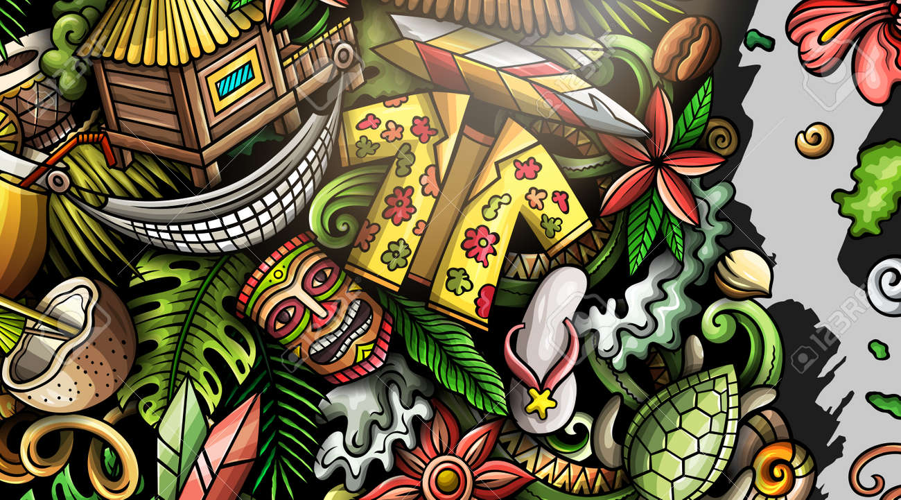 Hawaii hand drawn doodle banner. Cartoon vector detailed flyer. Illustration with Hawaiian objects and symbols. Colorful horizontal background - 171578911 Hawaii hand drawn doodle banner. Cartoon vector detailed flyer. Illustration with Hawaiian objects and symbols. Colorful horizontal background - 171578911