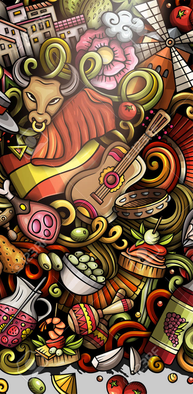 Spain hand drawn doodle banner. Cartoon vector detailed flyer. Illustration with Spanish objects and symbols. Colorful vertical background - 171580757 Spain hand drawn doodle banner. Cartoon vector detailed flyer. Illustration with Spanish objects and symbols. Colorful vertical background - 171580757