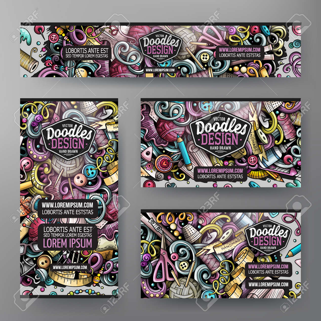 Desenho Desenhado Desenhos Animados Desenhados Mão Desenhos Coloridos Bonitos Design Conjunto De Identidade Corporativa. Design De Modelos De Banners, Cartões De Identificação, Folhetos. Ilustraciones svg, vectoriales, clip art vectorizado libre de