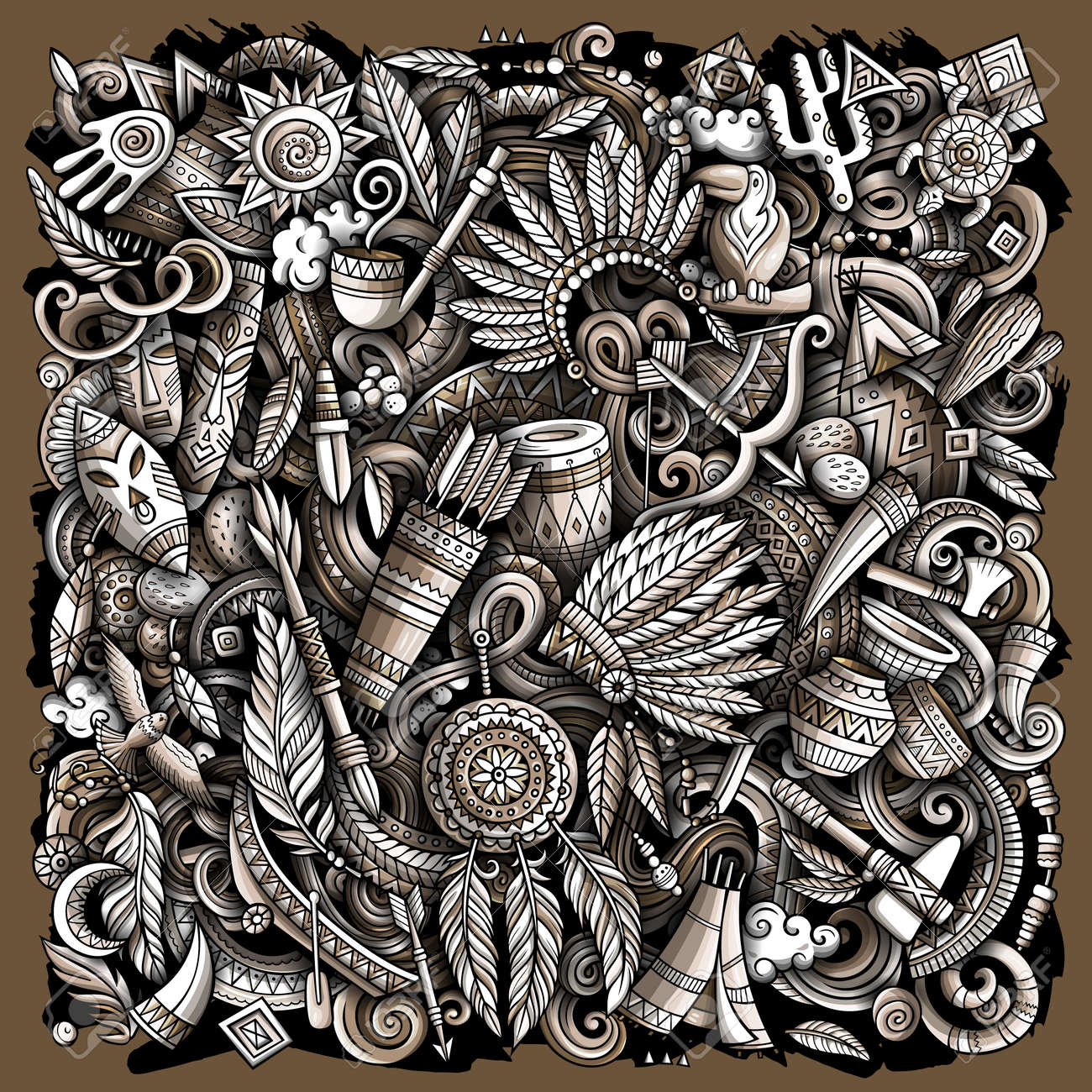 ネイティブアメリカンの手描きのベクター画像落書きイラスト。部族の