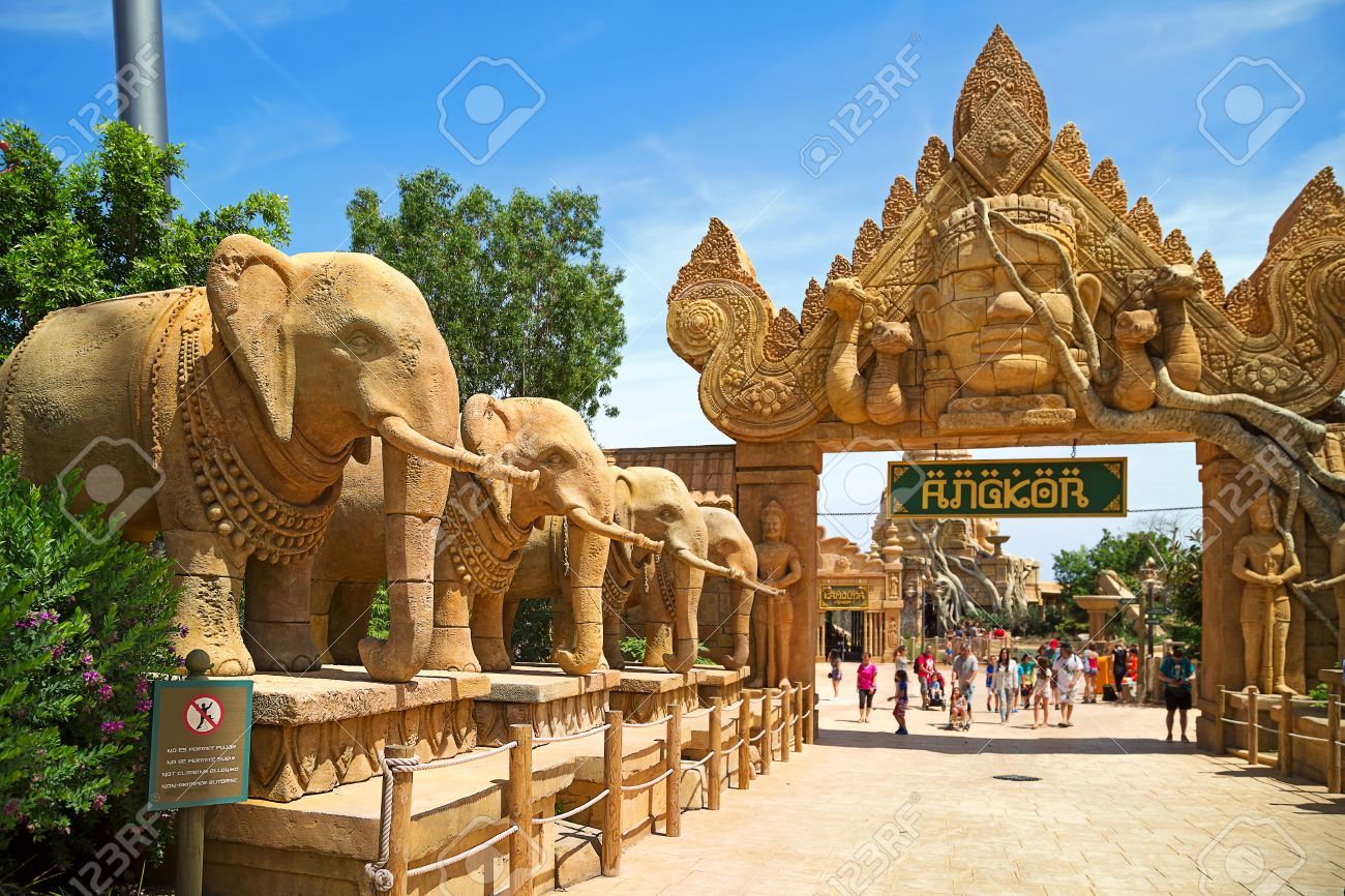 Port Aventura Spain May 11 Entrance Gate To The Attraction Angkor Located In The China Area