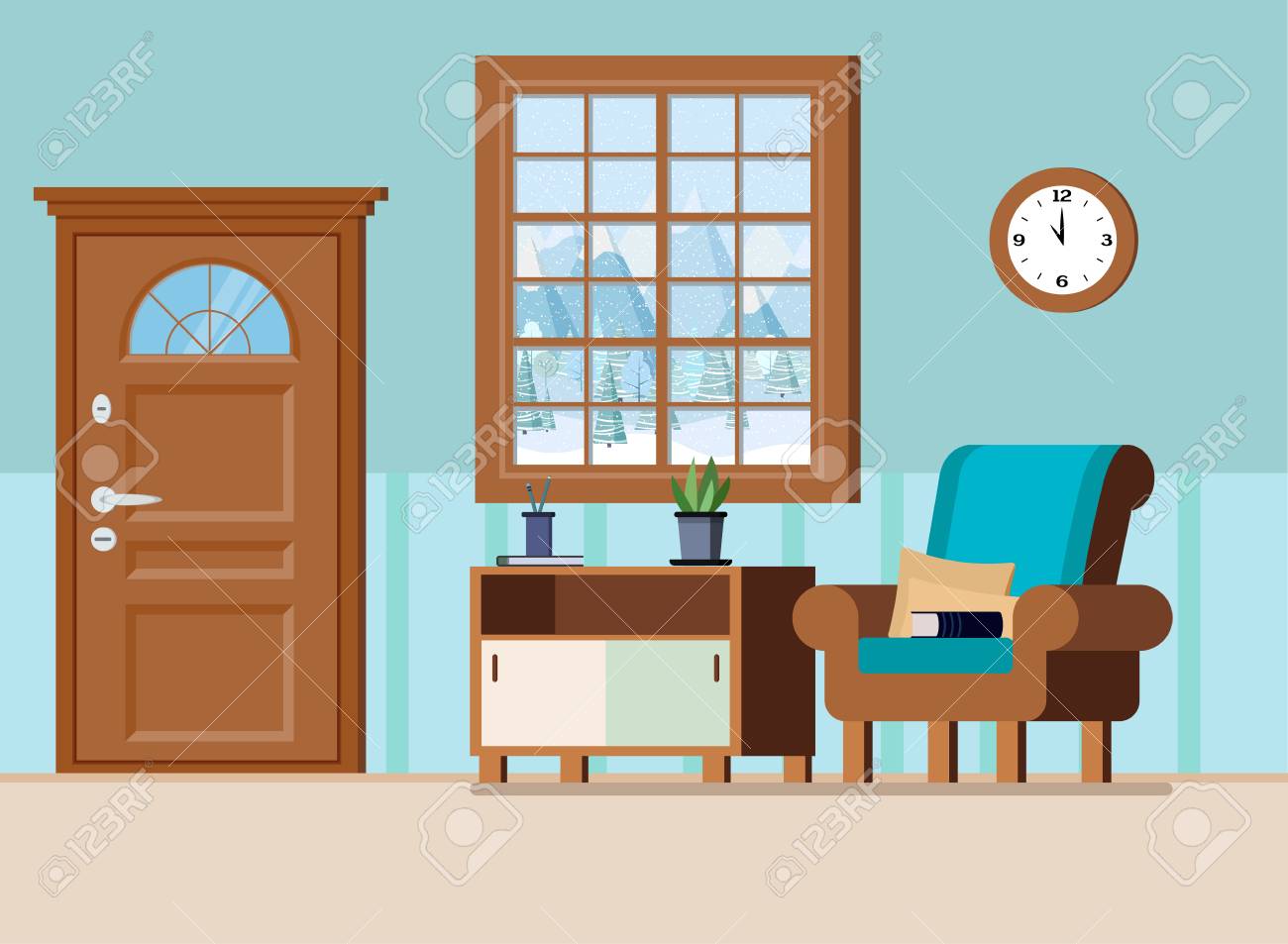 Cozy Home Entrance Hall Interior Background With Armchair, Pillows, Wall  Clock, Book, Plant, Door And Window With View Of Winter Mountain Landscape.  Flat Cartoon Style Vector Illustration. Royalty Free SVG, Cliparts, Vectors,, image size:1300x953