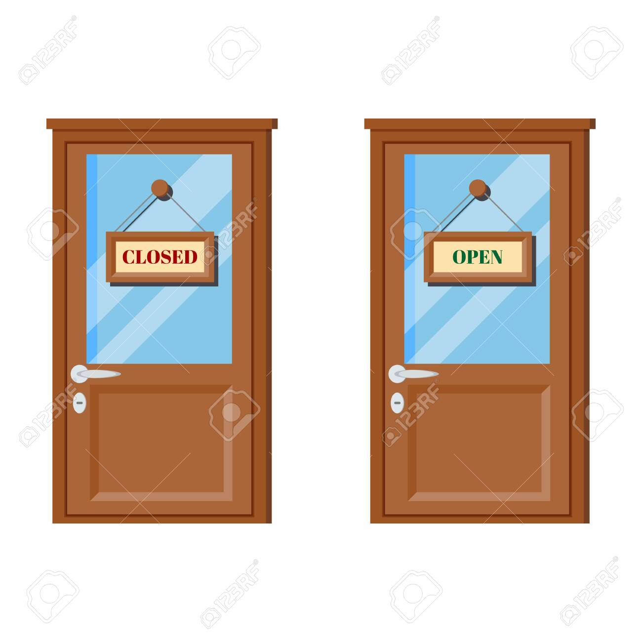 Set Of Wooden Doors With Glass Door Handle Open And Closed