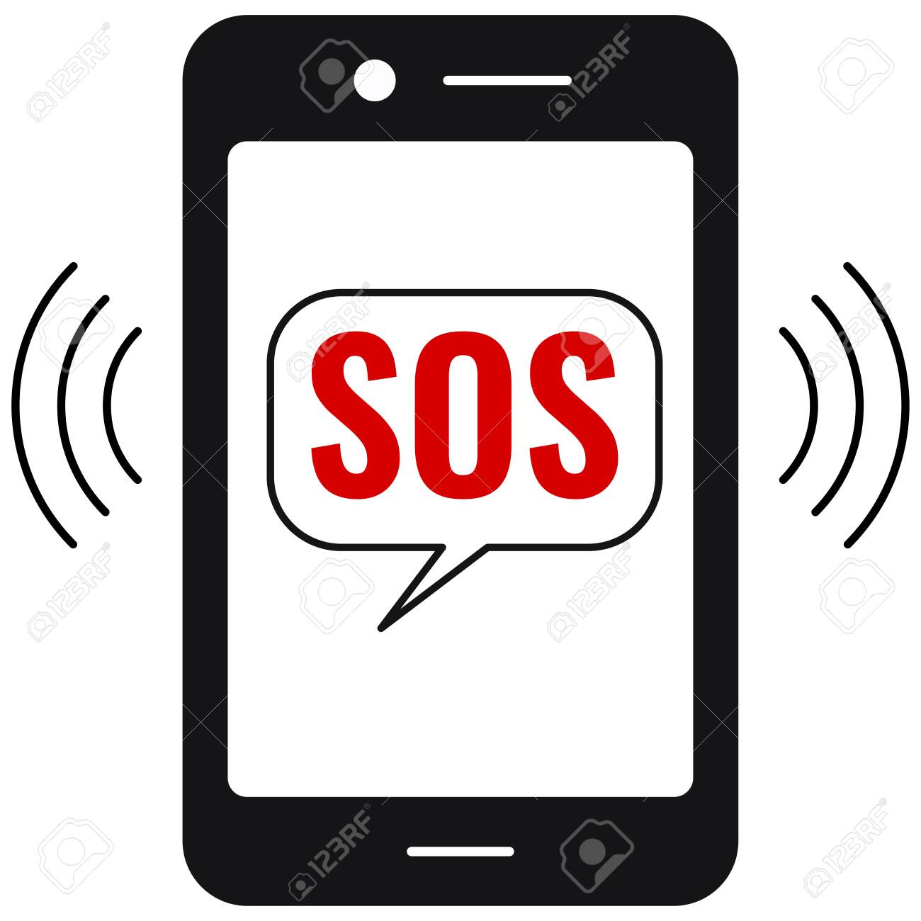 白い背景に隔離緊急電話ベクトルのアイコンにsosコールまたはsms フラットシンプルなデザインの黒いタッチスクリーンスマートフォンと赤いテキストsosのスピーチバブル ホットラインメッセージ付きの電話画面 のイラスト素材 ベクタ Image