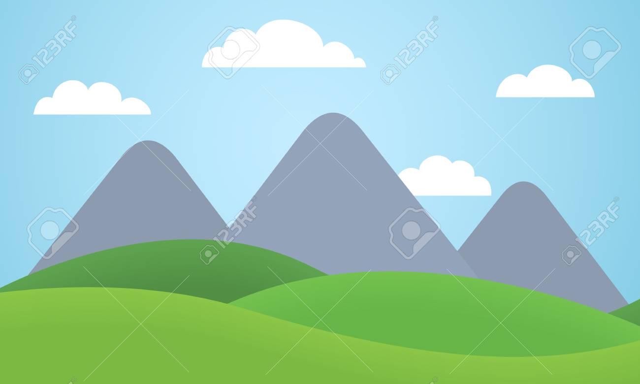 雲と青い空の下の草原と山の風景のカラフルなベクトル平面イラストを漫画します のイラスト素材 ベクタ Image 5680