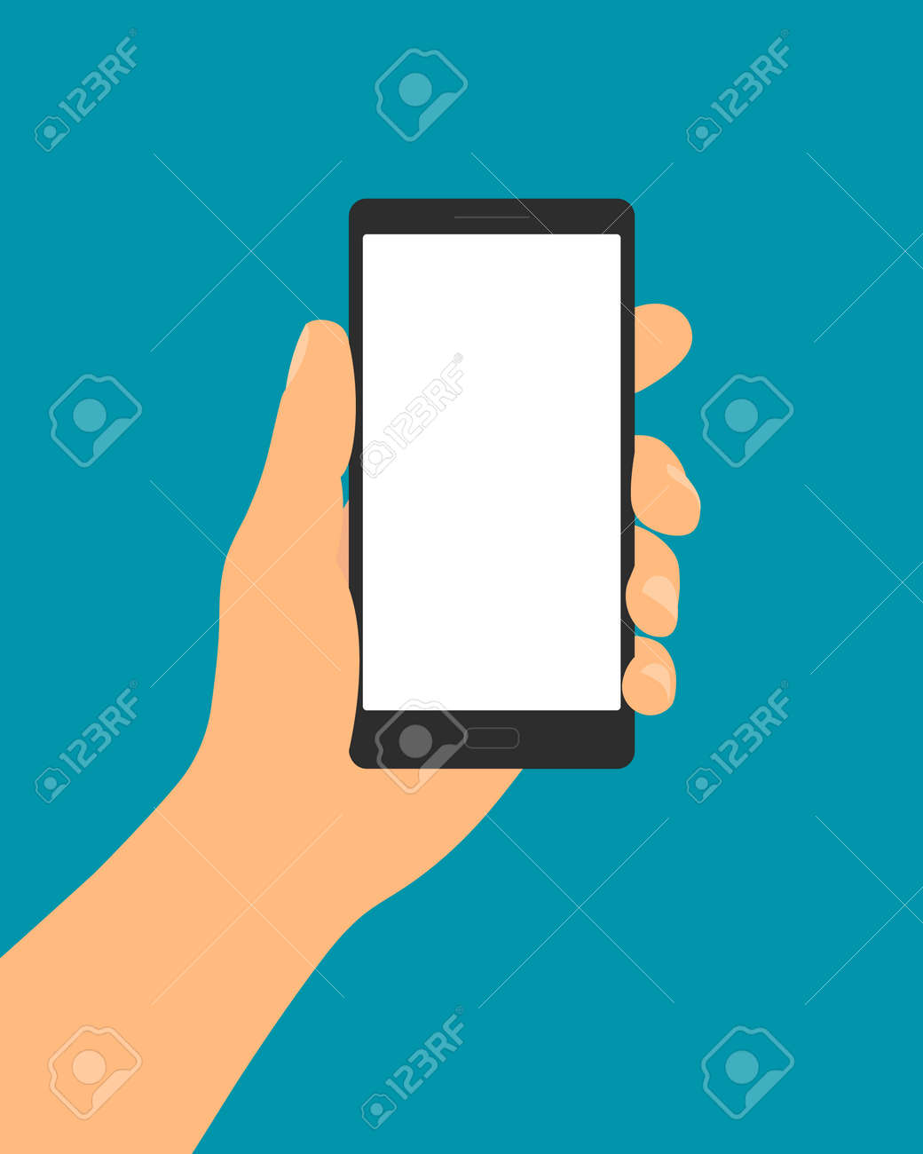 Flat design illustration of male hand holding in fingers mobile phone with blank white touch screen and space for your text.Isolated on green background - vector - 166247456 Flat design illustration of male hand holding in fingers mobile phone with blank white touch screen and space for your text.Isolated on green background - vector - 166247456