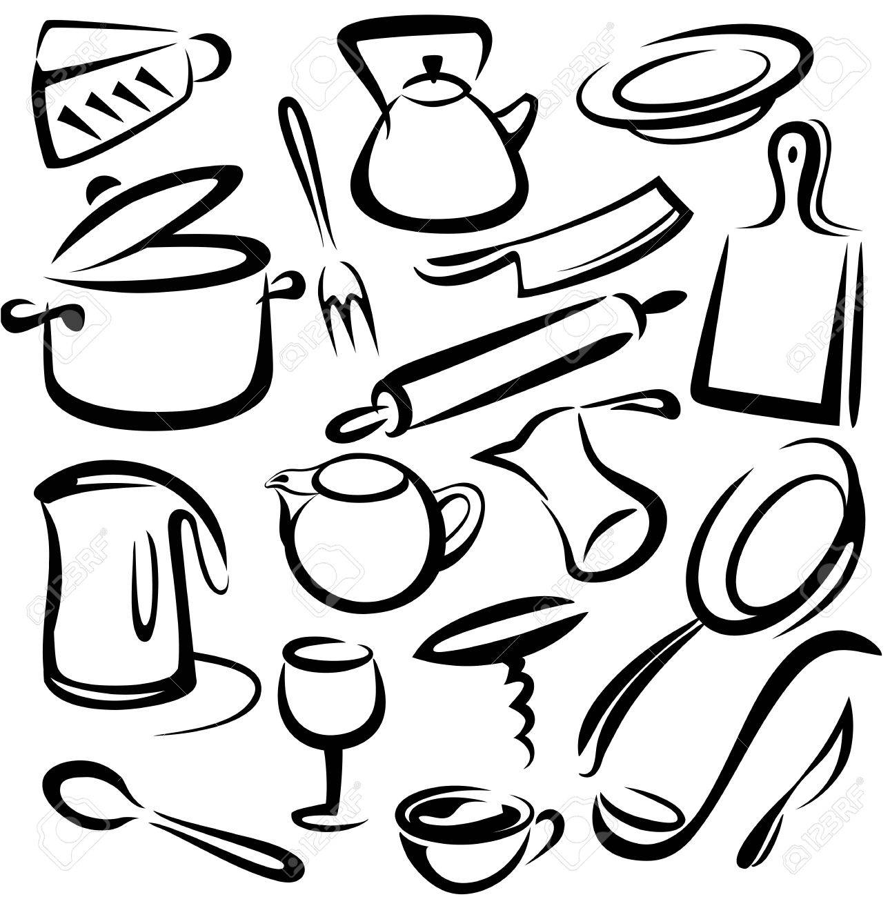 Kitchen Utensils In Sketch Style Stock Illustration - Download Image Now -  Frying Pan, Illustration, Line Art - iStock