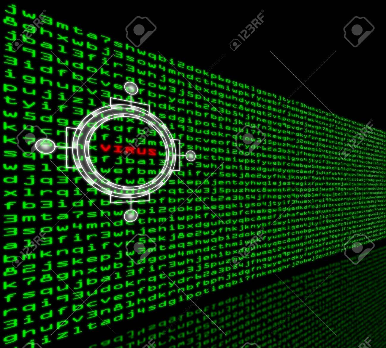 the word virus is highlighted in a wall of green machine code stock
