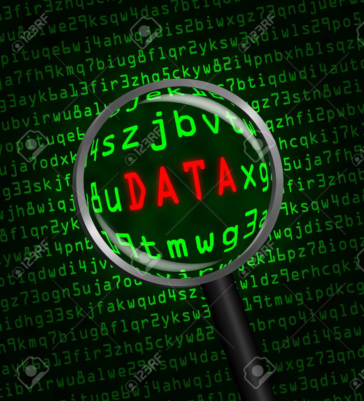 stock photo the word data in red revealed in green computer machine code through a magnifying glass