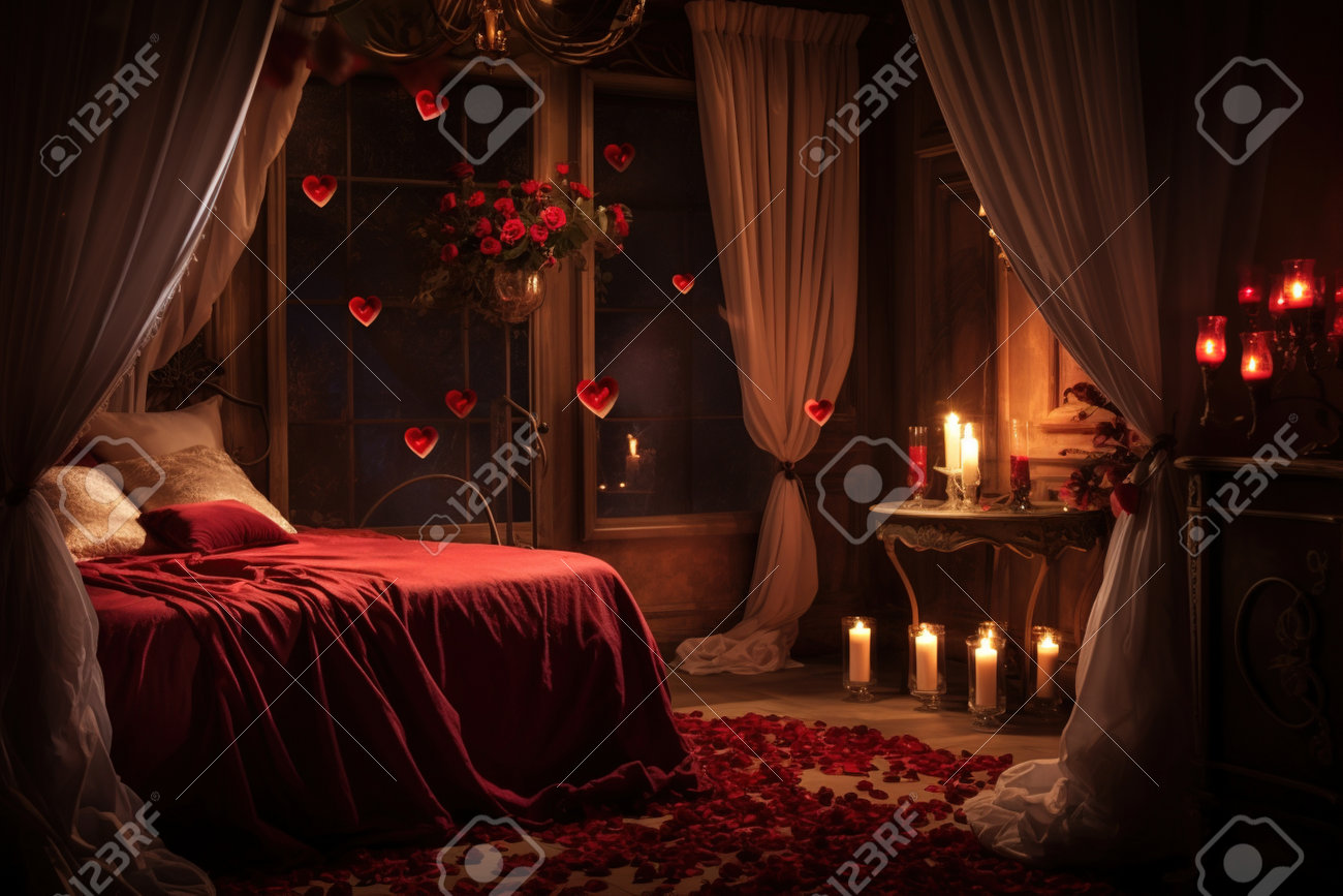 Romantic Bedroom With Red Roses And Candles. Romantic Evening Atmosphere.  Stock Photo, Picture and Royalty Free Image. Image 217402144., image size:1300x867