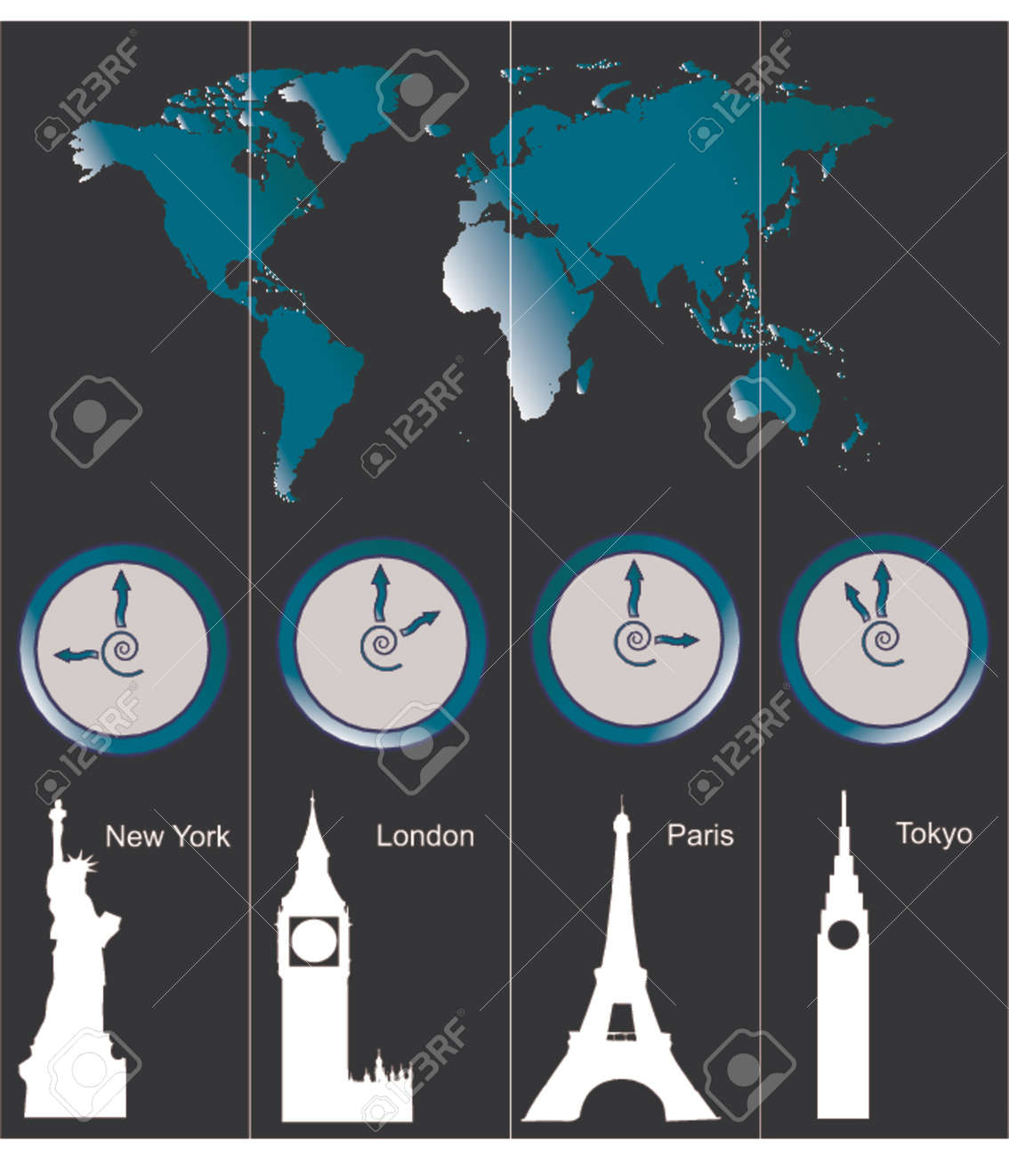 それらの都市に 4 つの都市 ニューヨーク ロンドン パリ 東京 と有名な観光スポットの時間を示す時計の世界地図のベクトル画像 のイラスト素材 ベクタ Image それらの都市に 4 つの都市 ニューヨーク ロンドン パリ 東京 と有名な観光スポットの時間を示す時計の世界地図のベクトル画像 のイラスト素材 ベクタ Image