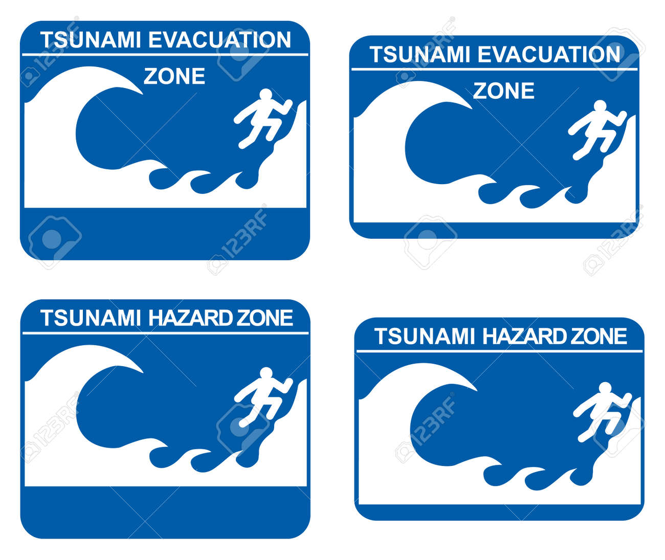 Tsunami Warning Signs Showing Evacuation And Hazard Zones Royalty