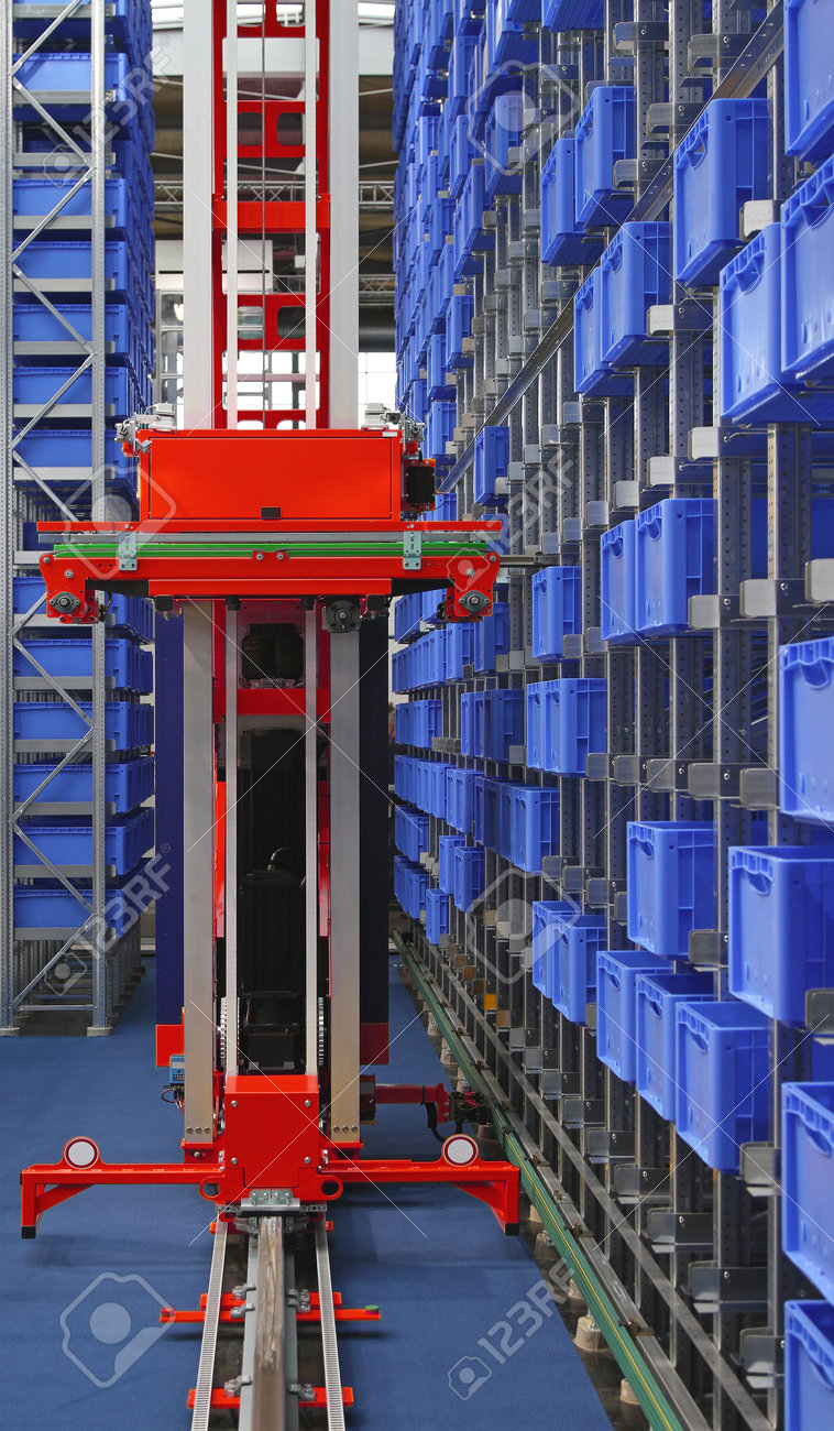 Automated Storage Warehouse With Blue Plastic Crates Stock Photo Automated Storage Warehouse With Blue Plastic Crates Stock Photo