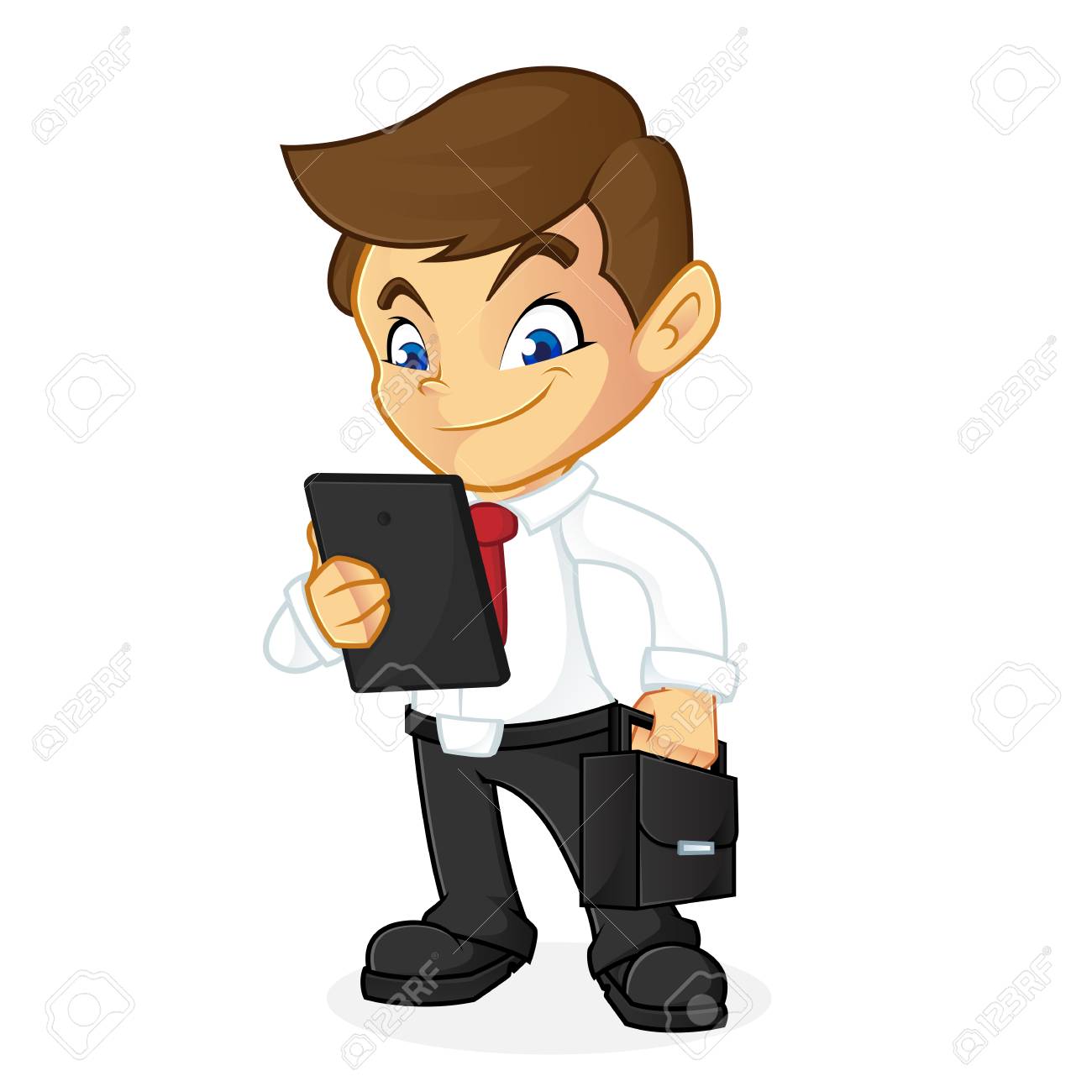 Homme D Affaires Detenant La Tablette Informatique Et Valise Isole Sur Fond Blanc Clip Art Libres De Droits Vecteurs Et Illustration Image