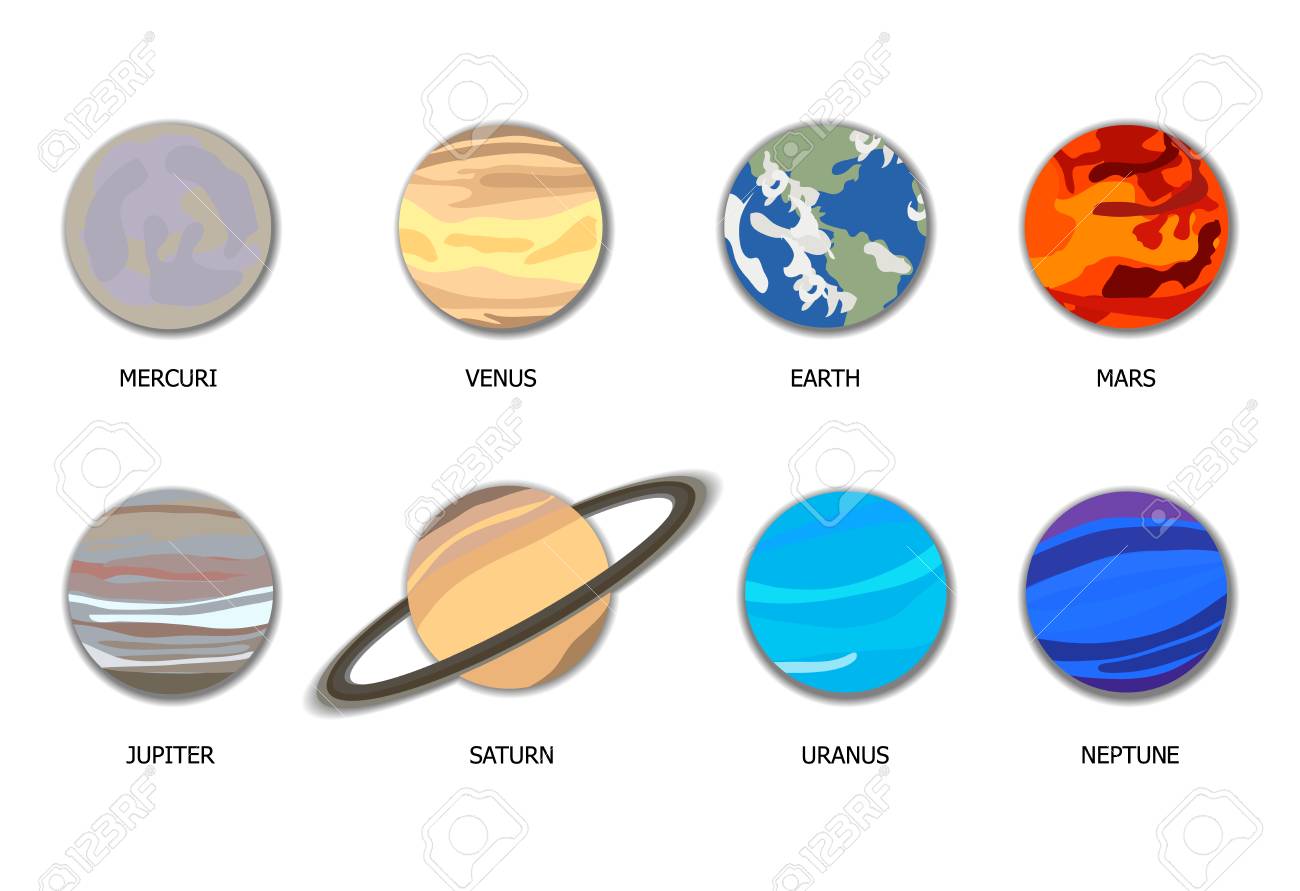 Vector Solar System 8 Planets, Flat Cartoon Objects with Shadows Isolated on White Background. - 109236030 Vector Solar System 8 Planets, Flat Cartoon Objects with Shadows Isolated on White Background. - 109236030