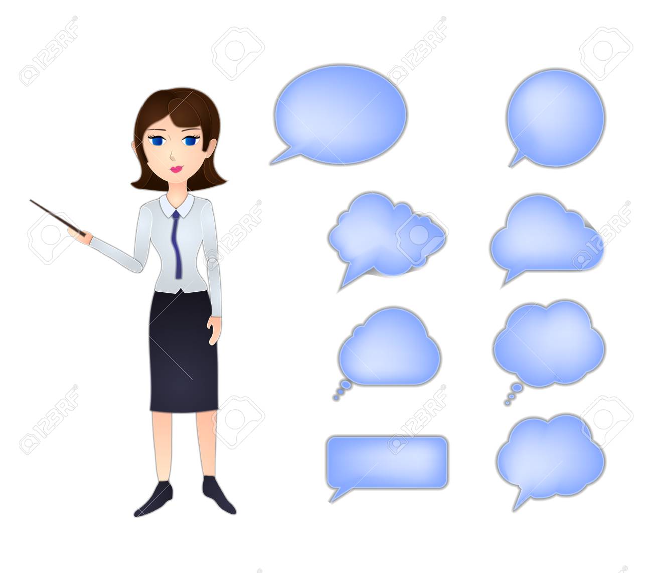 vector business woman with pointer and talk bubbles set blank