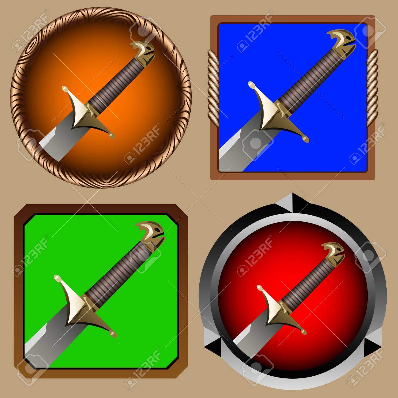 海賊剣のゲームの円形および正方形のアイコンのイラスト素材 ベクタ Image