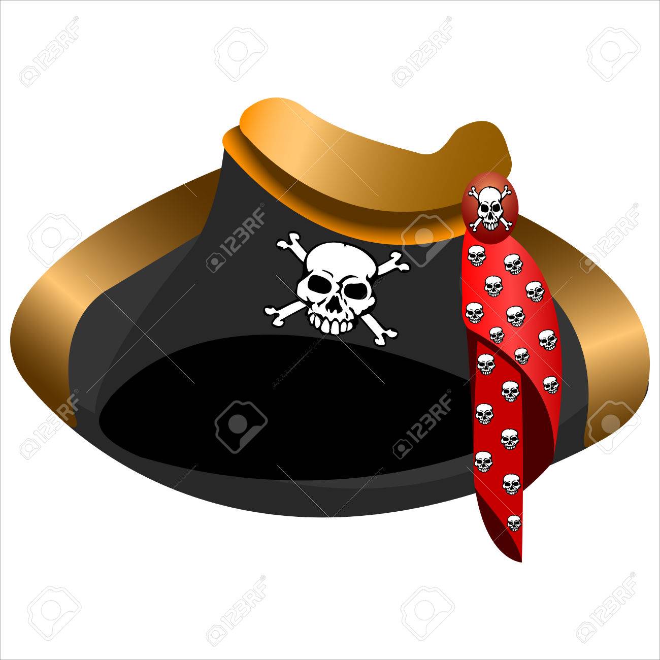 白い背景の上の頭蓋骨と黒い海賊のトリコロールの帽子のイラスト素材 ベクタ Image