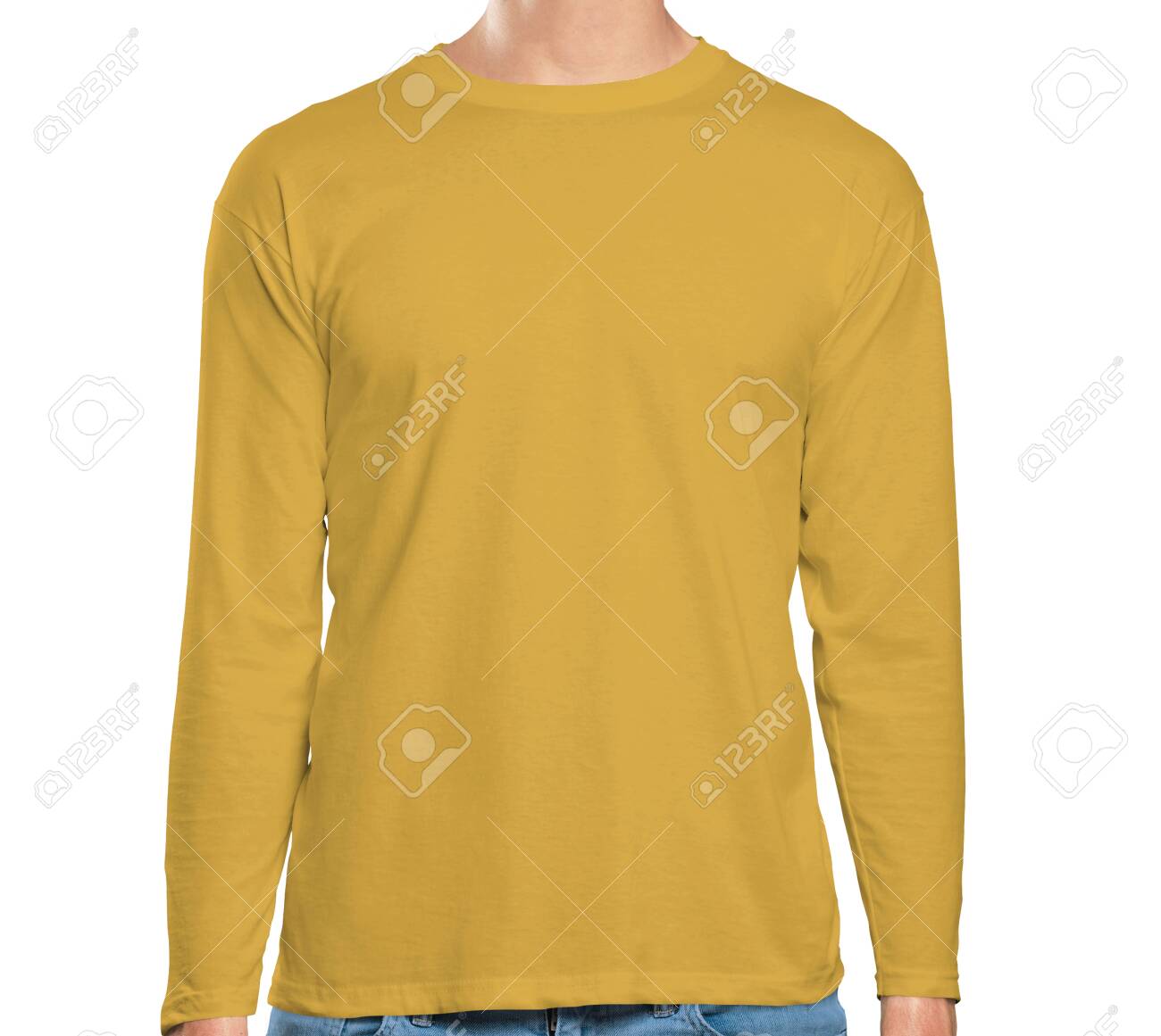 Download This High Resolution Front View Long Sleeve Tshirt Mock Up In Spicy Mustard Color Will Make Your Design As Photorealistic Result In Mere Minutes Showcase Your Designs Like A Pro Stock Photo