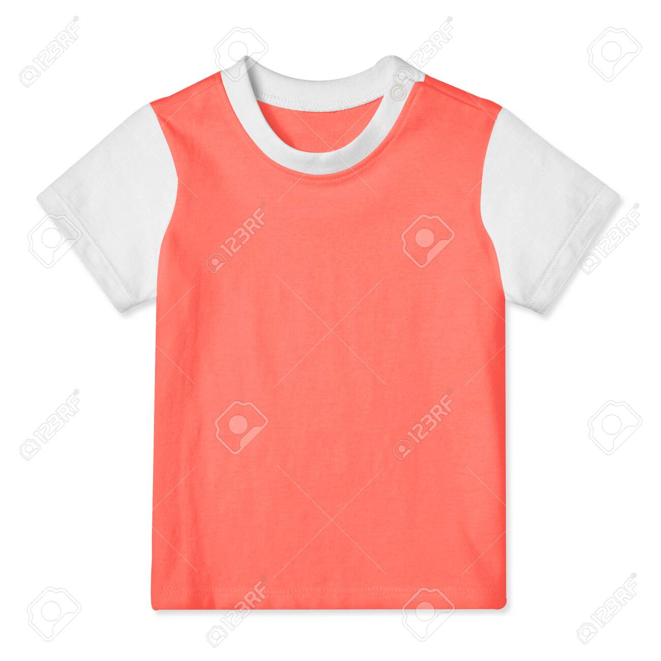 Download With Just A Few Clicks You Can Visualize Your Designs In This Baby T Shirt Mockup In Living Coral Color With Button Stock Photo Picture And Royalty Free Image Image 153291372