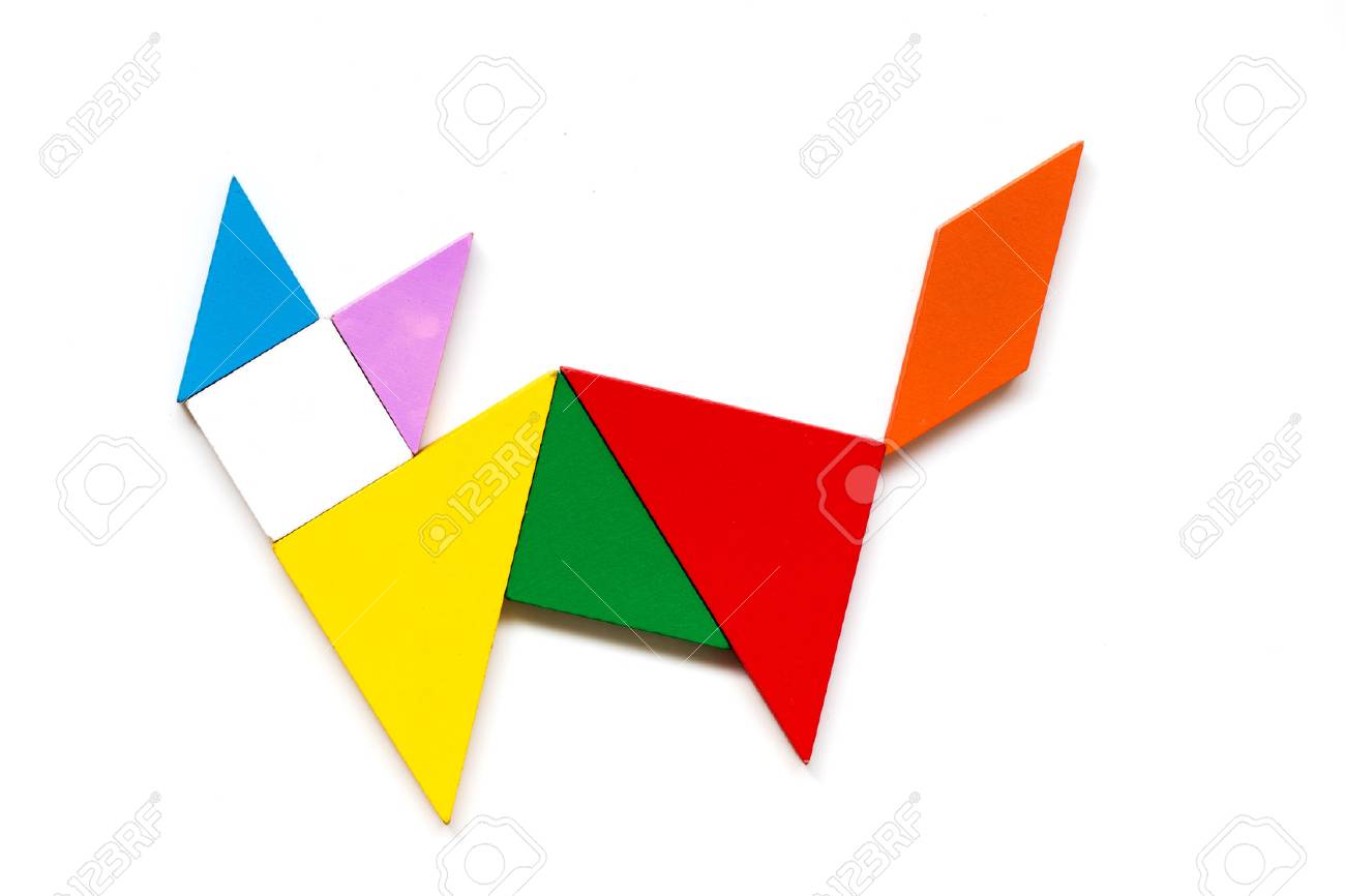 Color wood tangram puzzle in cat shape on white background - 95565495 Color wood tangram puzzle in cat shape on white background - 95565495