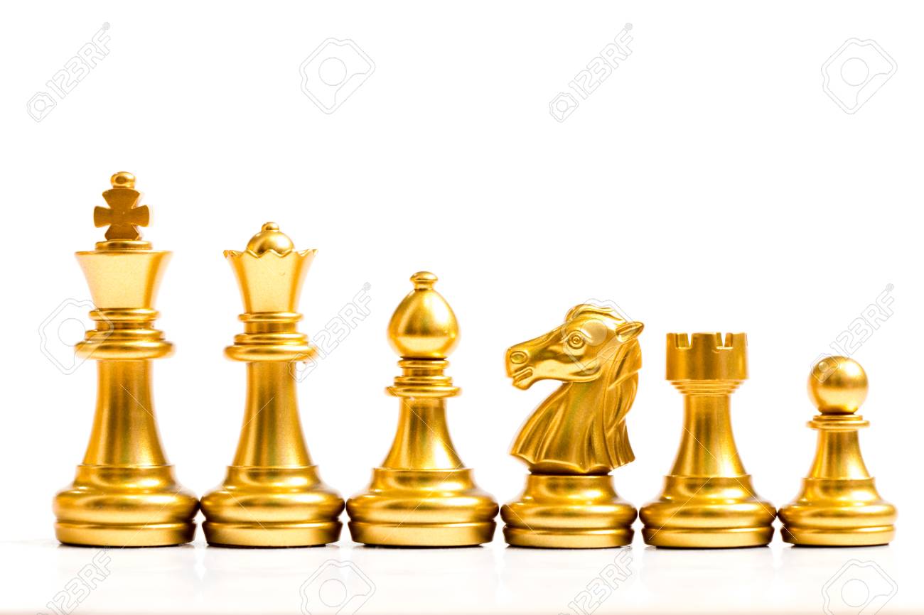 gold chess piece stand in a row king queen bishop knight