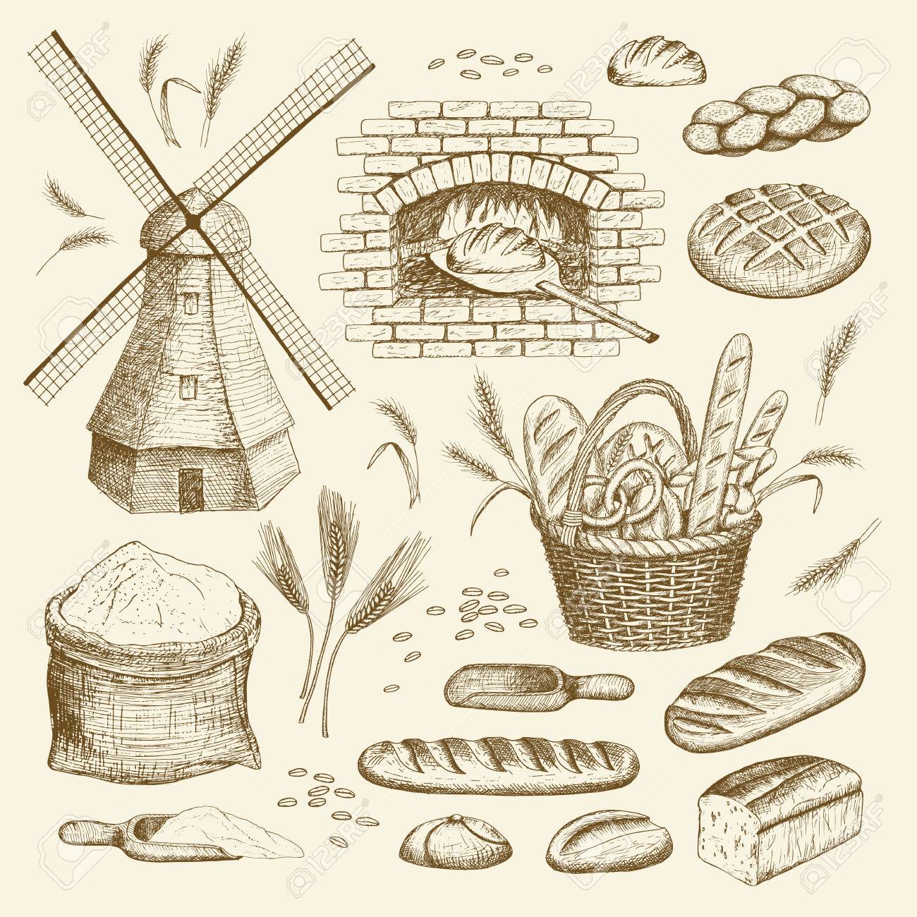 Vector hand drawn bakery illustration collection. Windmill, oven, bread, basket, flour, wheat. - 61952804 Vector hand drawn bakery illustration collection. Windmill, oven, bread, basket, flour, wheat. - 61952804