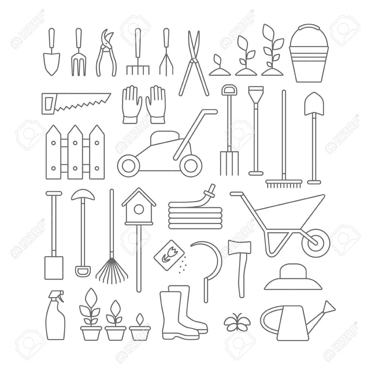 ベクトル線ツール アイコンをガーデニングの大きなコレクションです ラック フォーク ホース手押し車水まき缶カッター フォーク芝生剪定はさみ植木はさみシャベル スペードなど のイラスト素材 ベクタ Image