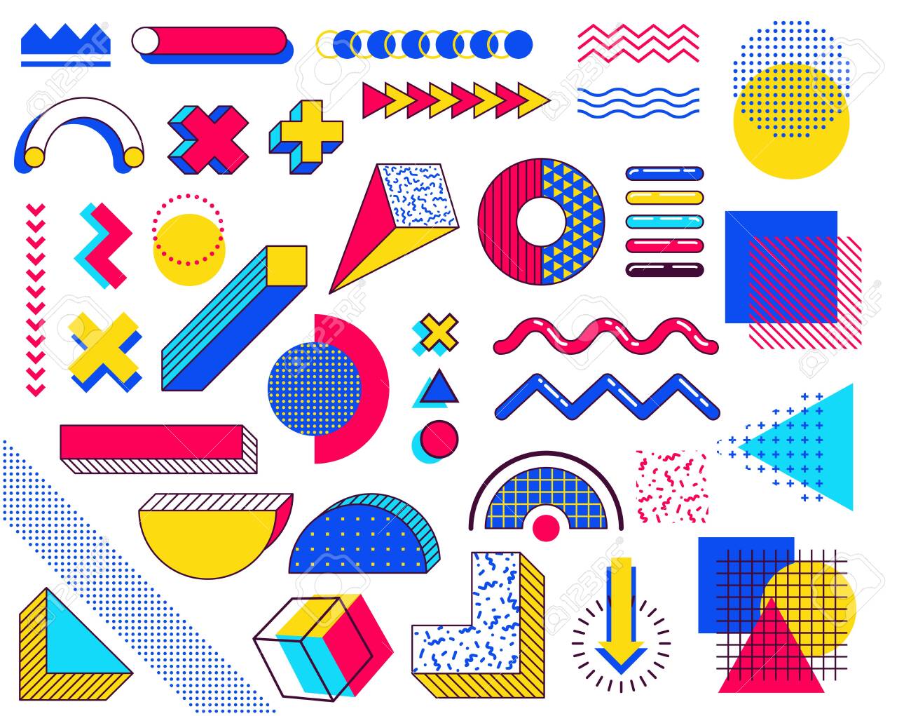 Set Of Memphis Design Elements Abstract 90s Trends Elements With Multicolored Simple Geometric Shapes Shapes With Triangles Circles Lines Royalty Free Cliparts Vectors And Stock Illustration Image 121870547
