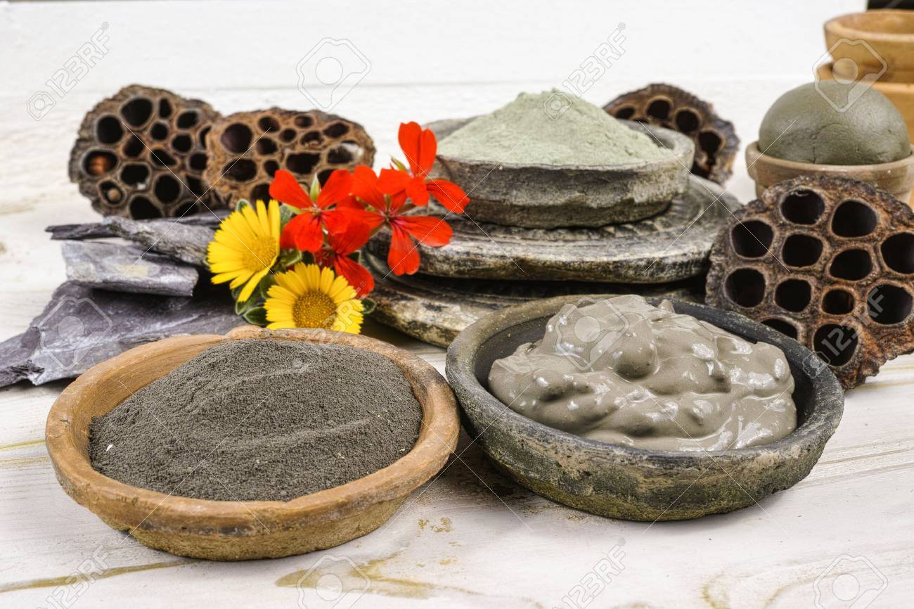 Ancient minerals - black, green and blue clay powder and mud mask for spa, beauty concept - 65818715 Ancient minerals - black, green and blue clay powder and mud mask for spa, beauty concept - 65818715