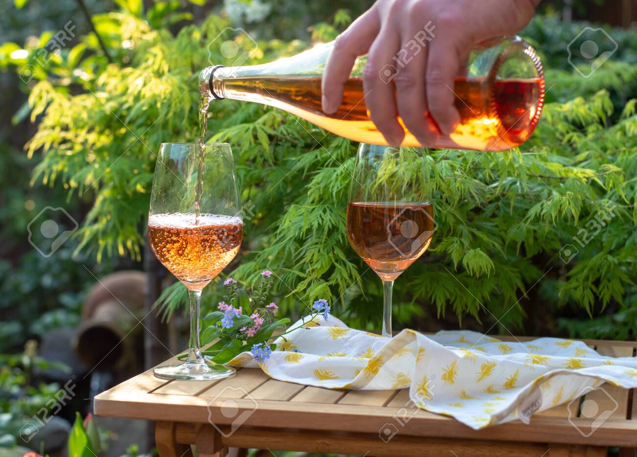 Waiter pouring cold rose wine in glasses on outdoor terrace in garden in sunny day - 118593095 Waiter pouring cold rose wine in glasses on outdoor terrace in garden in sunny day - 118593095