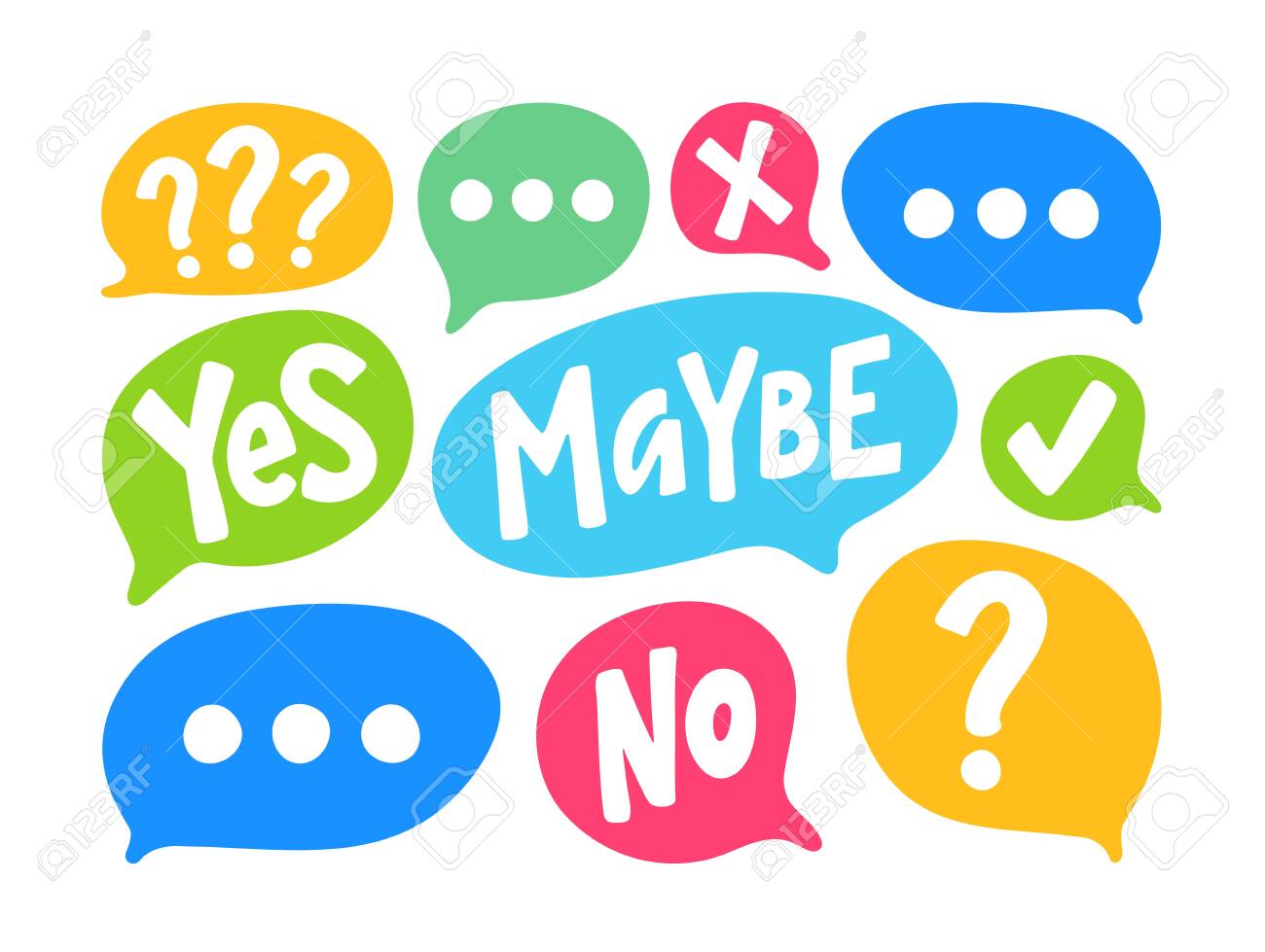 Yes No Maybe Word Text On Talk Shape. Vector Illustration Speech Bubble On  White Background. Design Element For Badge, Sticker, Mark, Symbol, Icon And  Card Chat. Test Question Royalty Free SVG, Cliparts,