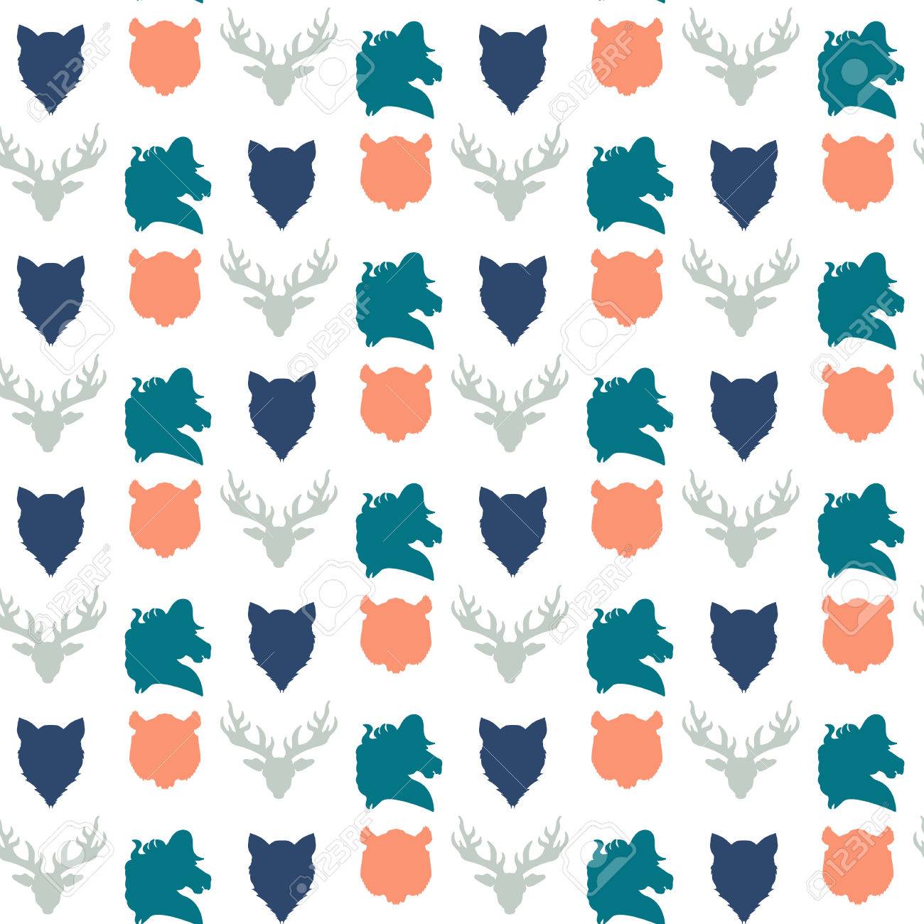 野生動物のシームレスなパターン 印刷 布 布 子項目とラップの動物園の飾り 動物の自然の壁紙 シルエットは頭の動物背景です ベクトル のイラスト素材 ベクタ Image 6643