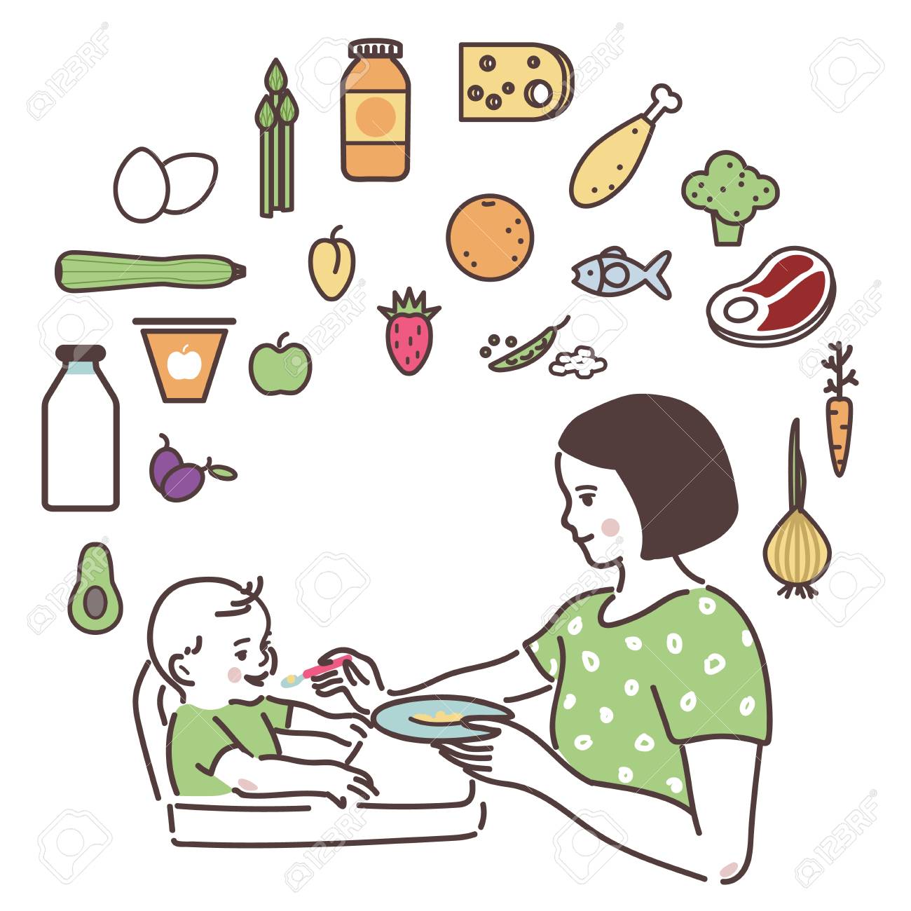 Mom is feeding up the baby with a spoon. - 100564204 Mom is feeding up the baby with a spoon. - 100564204