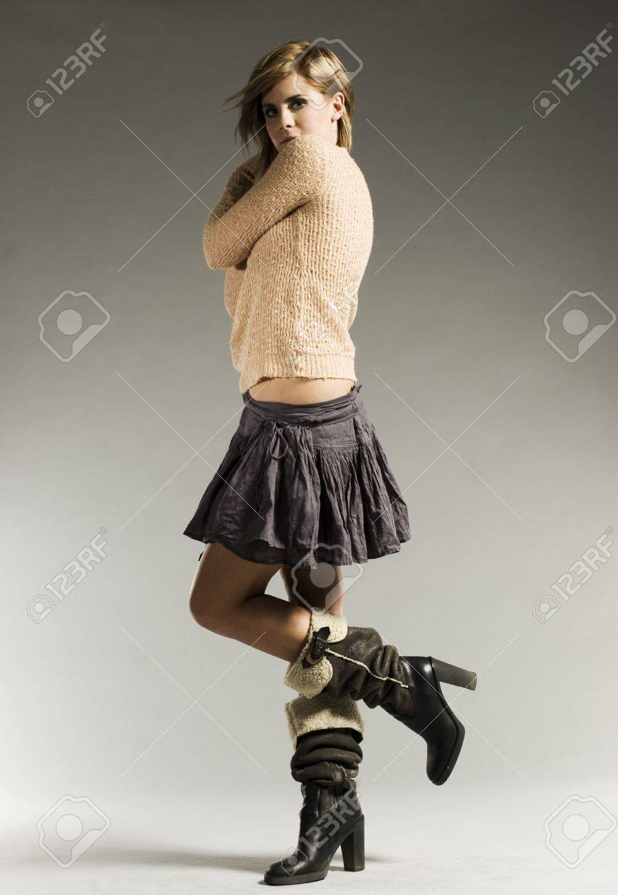 light winter boots on Beautiful Blonde Model Wearing Light Sweater Winter Boots And Stock Photo Picture And Royalty Free Image Image 2286063
