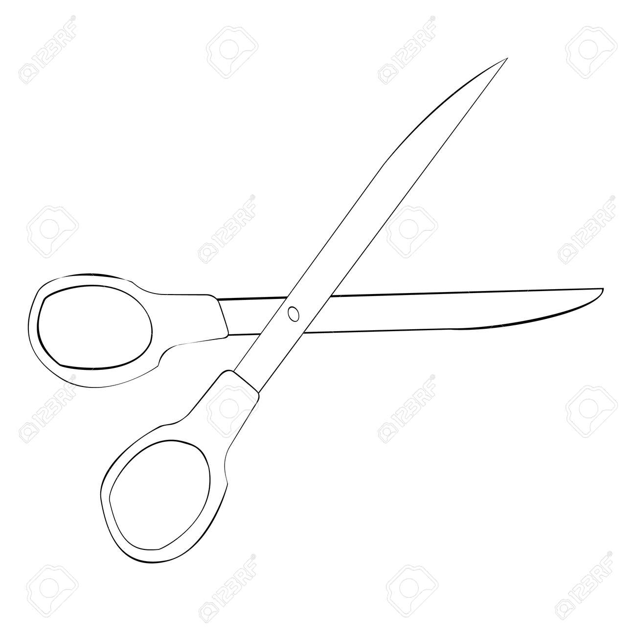 An Outline Vector Illustration Of Scissors Isolated On White Background.  Designed In A Classic Black And White Style For Templates, Wraps, As A  Coloring Page For Adults And Kids Royalty Free SVG,, image size:1300x1300