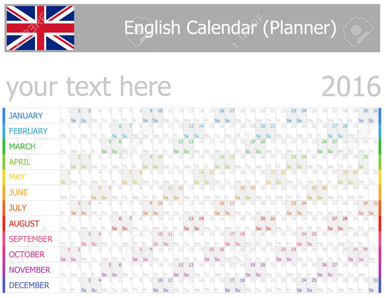 白い背景の水平ヶ月 16年英語プランナー 2 カレンダー の写真素材 画像素材 Image