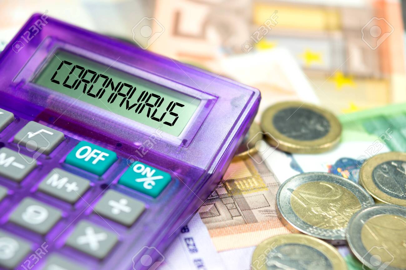 Calculators, euro banknotes and corona virus impact on financial status in Europe - 142133522 Calculators, euro banknotes and corona virus impact on financial status in Europe - 142133522