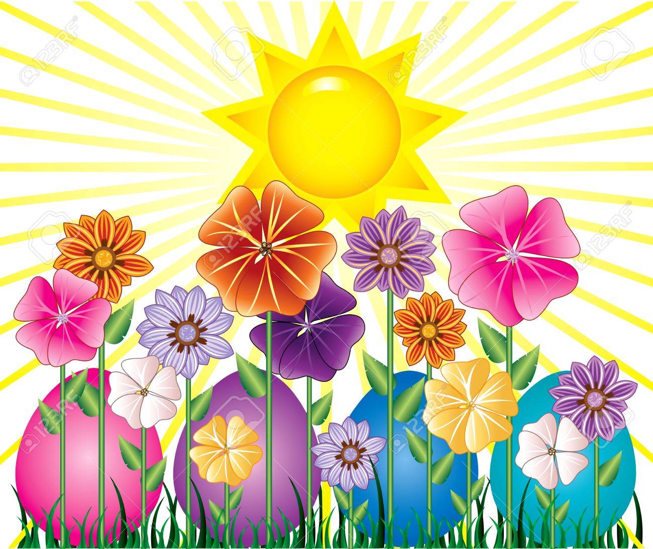 Vector illstration of a Spring Day with Sunshine and Easter Egg Garden with grass. - 9274980 Vector illstration of a Spring Day with Sunshine and Easter Egg Garden with grass. - 9274980