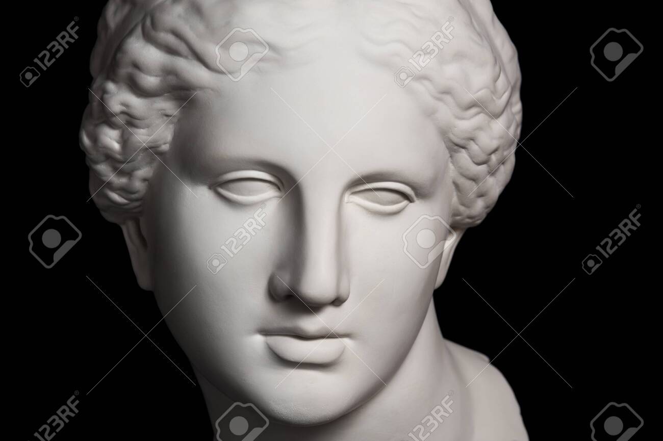 Gypsum Copy Of Ancient Statue Venus Head Isolated On Black Background.  Plaster Sculpture Woman Face. Фотография, картинки, изображения и  сток-фотография без роялти. Image 125108637