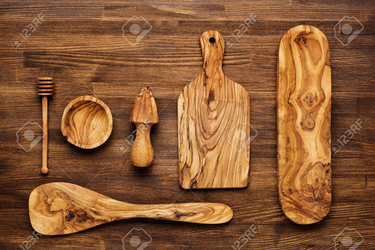 Kuchenutensilien Auf Holzernen Hintergrund Loffel Morser