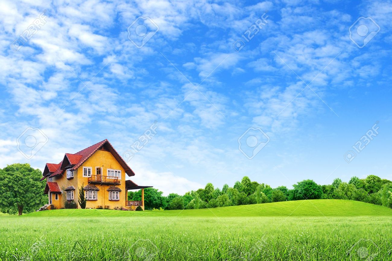 House on green field landscape with blue sky - 11071349 House on green field landscape with blue sky - 11071349