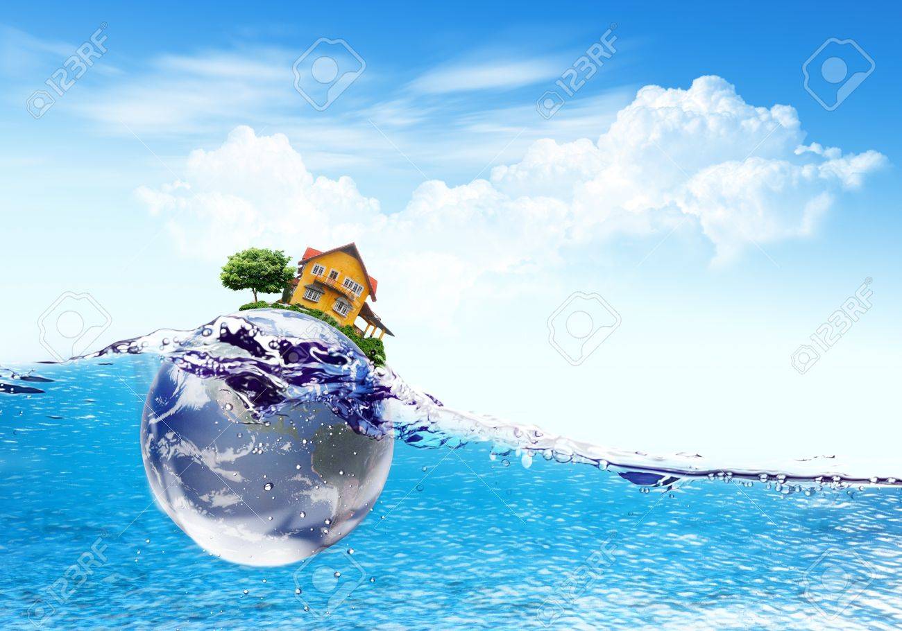 Erde Und Haus Fallt Tief Unter Wasser Mit Einem Splash Elements