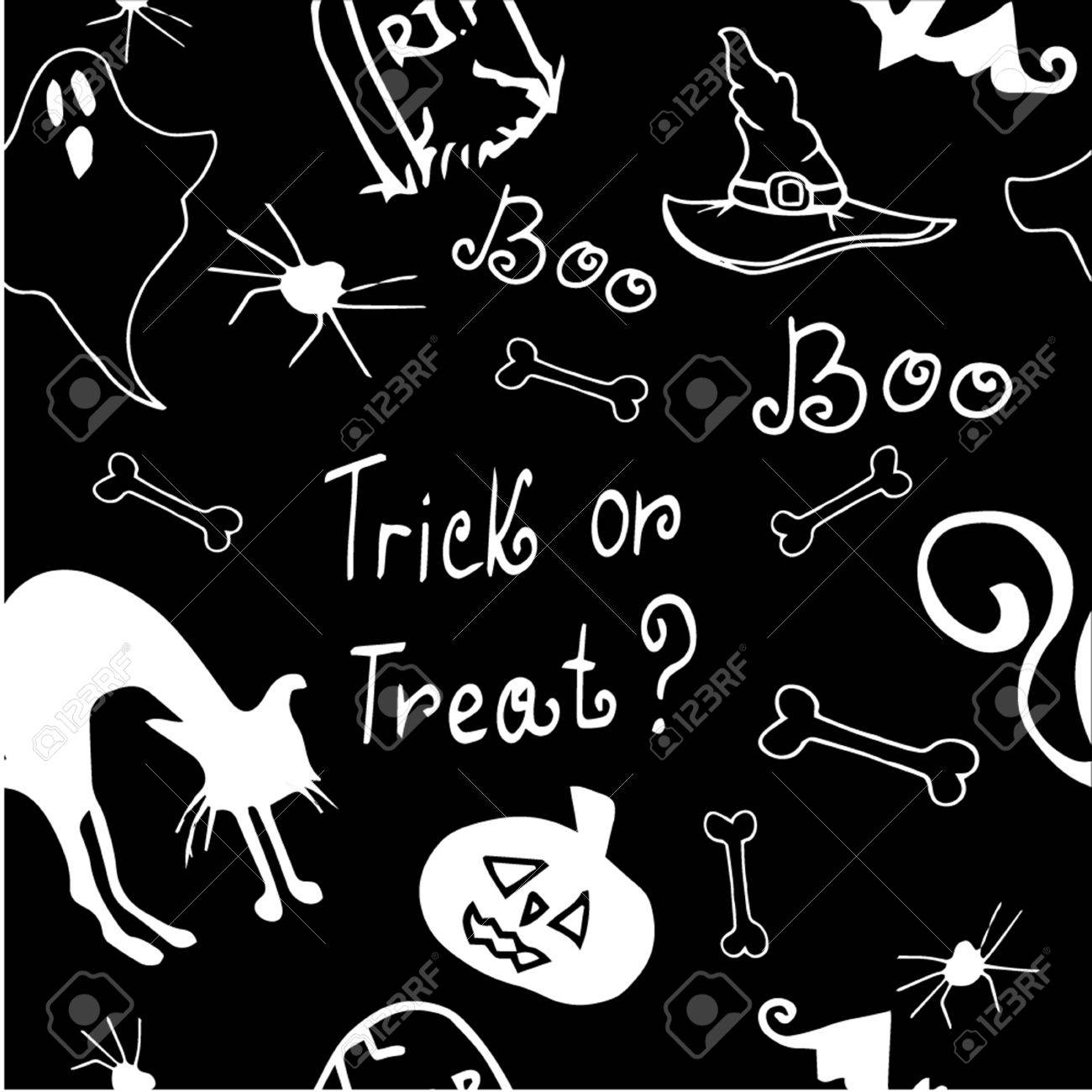 Halloween Pattern Seamless Noir Et Blanc Avec De La Citrouille Chat Chauve Souris Os Fantômes