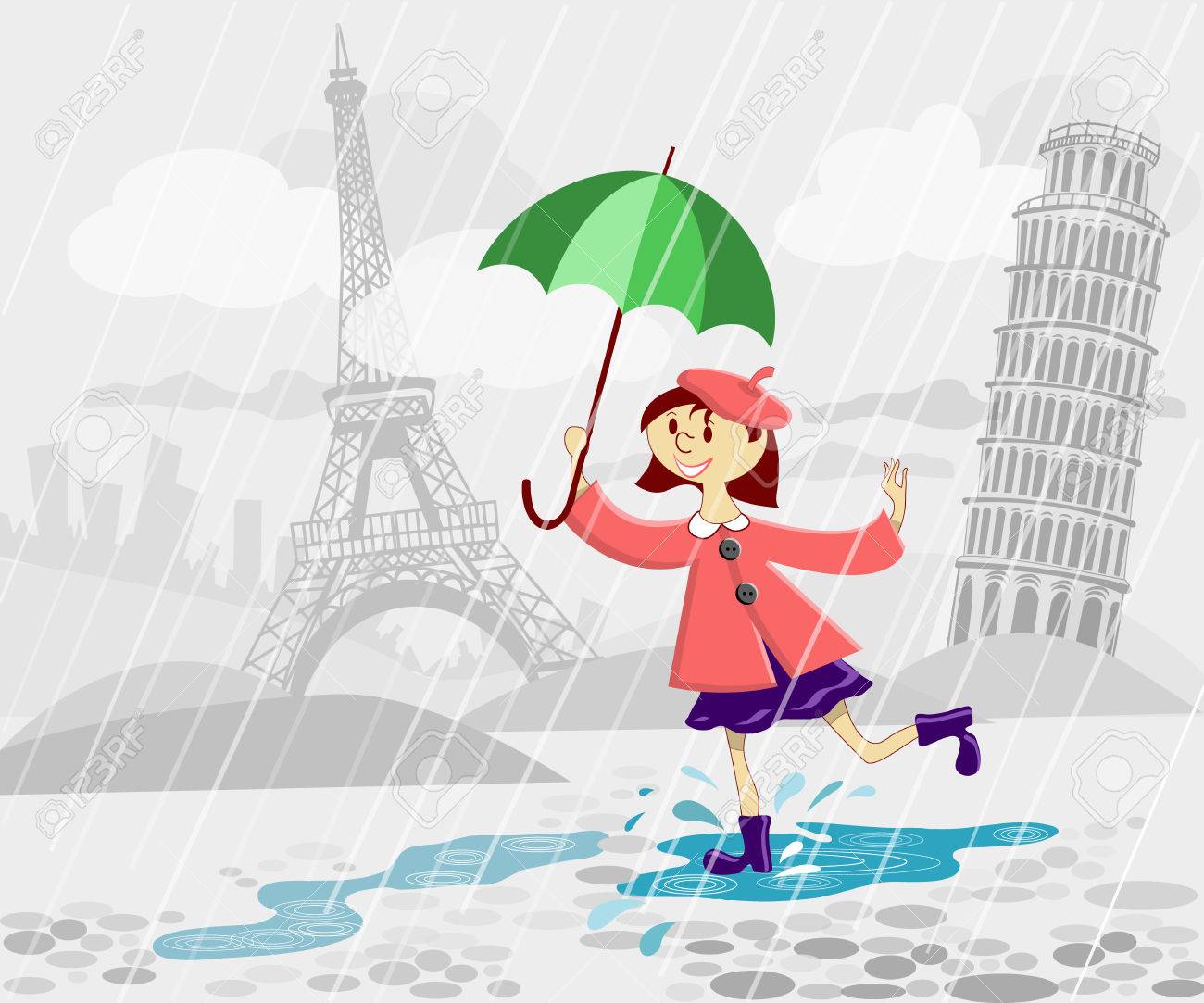 Niña De Con Paraguas Corriendo Bajo Lluvia Ilustraciones Svg, Vectoriales, Clip Art Vectorizado Libre De Derechos. Image 46580379.