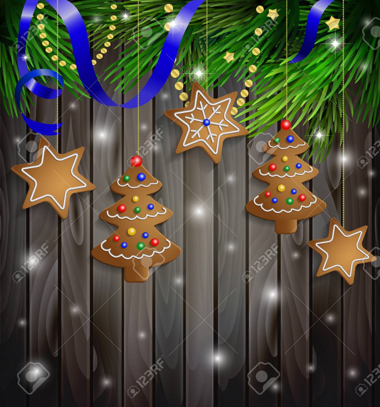 Gingerbread Cookies Decorations On A Christmas Tree With Ribbon Wooden Wall Stock Vector Gingerbread Cookies Decorations On A Christmas Tree With Ribbon Wooden Wall Stock Vector